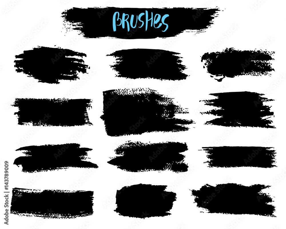 Obraz premium Vector Set of brush acrylic strokes. Black color on white background. Hand painted grange elements. Ink drawing. Dirty artistic design . Place for text, quote, information, company name.