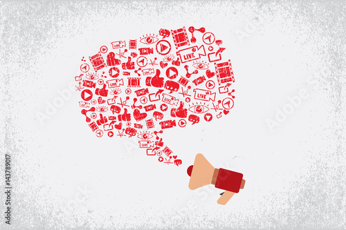 Video and online marketing concept. Megaphone with speech bubble which consist of video and online marketing icons.