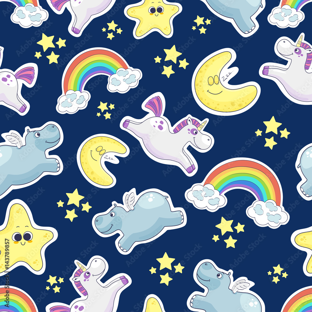 Sweet dreams seamless background. Good night stickers collection. Vector illustration