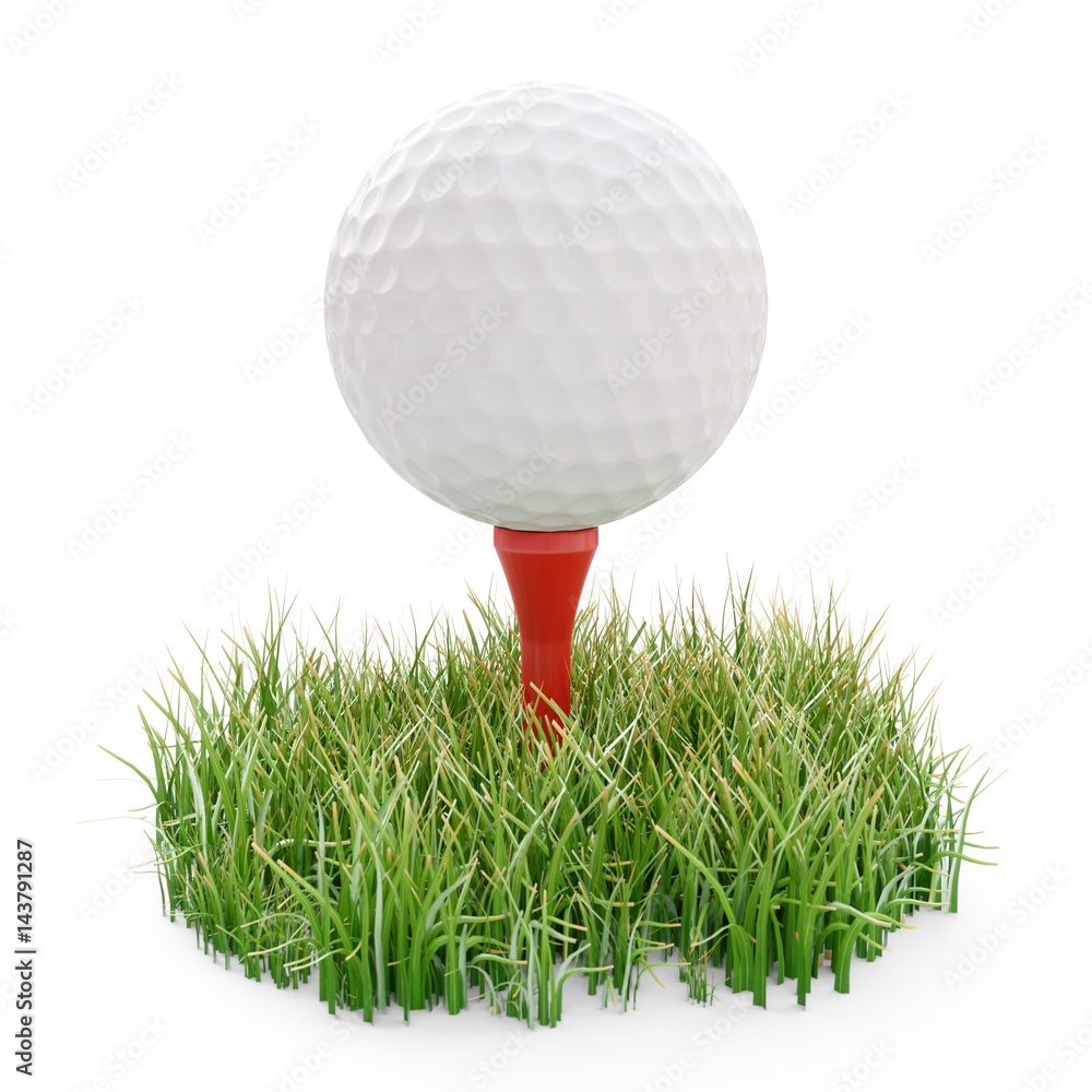 3d rendering golf ball on red tee and green grass isolated on white 3d rendering golf ball on red tee and green grass isolated on white