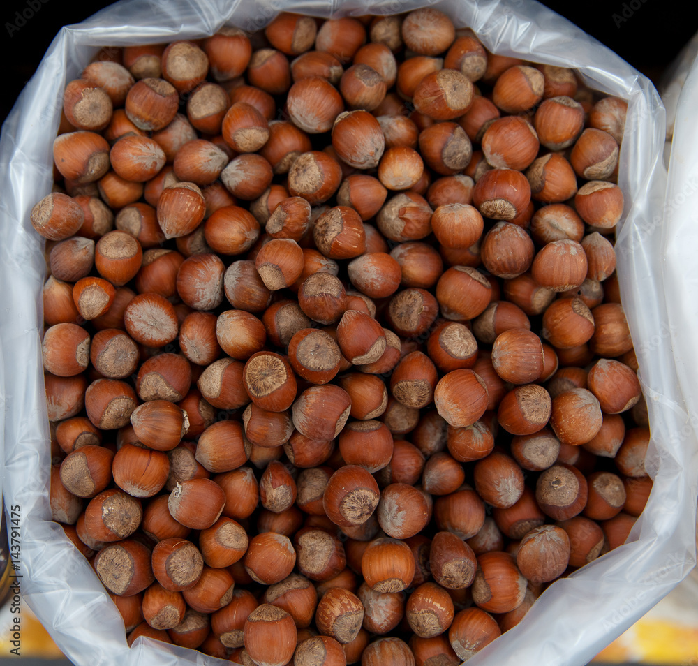 hazelnut in a bag on fair. hazelnut in a bag on fair.