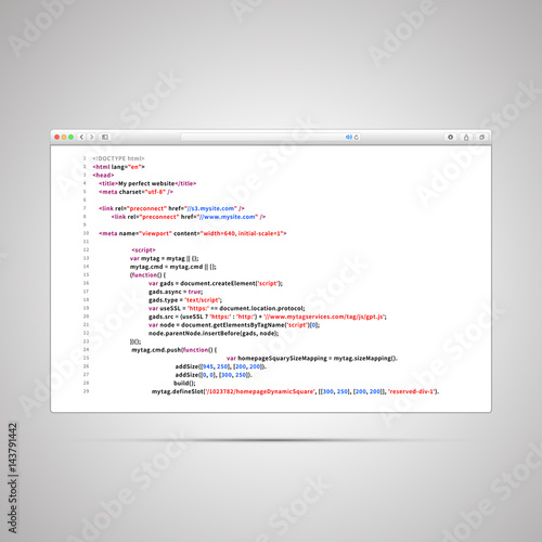 Browser window with simple html code of web page on white background