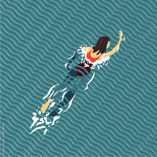 Woman swim. Swimming pool top view. Flat style.