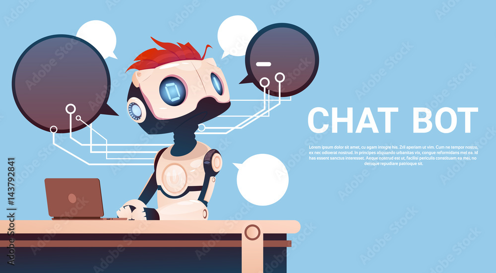 AI robot using computer to chat with customer. Concept of chat bot