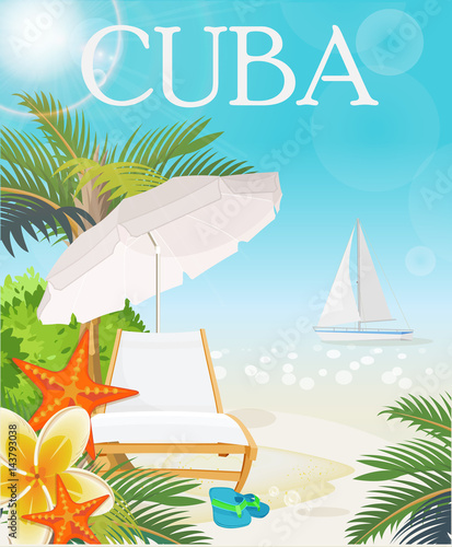 Cuba attraction and sights - travel postcard concept. Vector illustration with traditional Cuban architecture, colourful buildings, car, guitar, cigars, cocktail, flag. Design elements for poster.