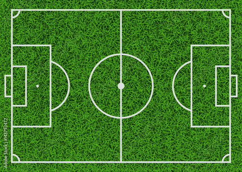 Top view of textured green grass soccer field, vector illustration.