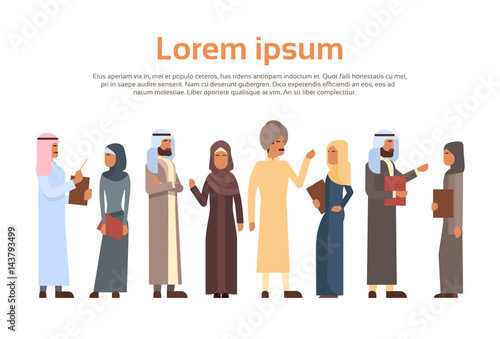 Muslim People Crown Business Man and Woman Traditional Clothes Arabic Characters Flat Vector Illustration