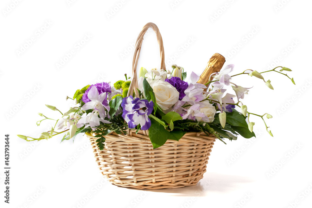 beautiful bouquet of bright wildflowers in basket, isolated on white
