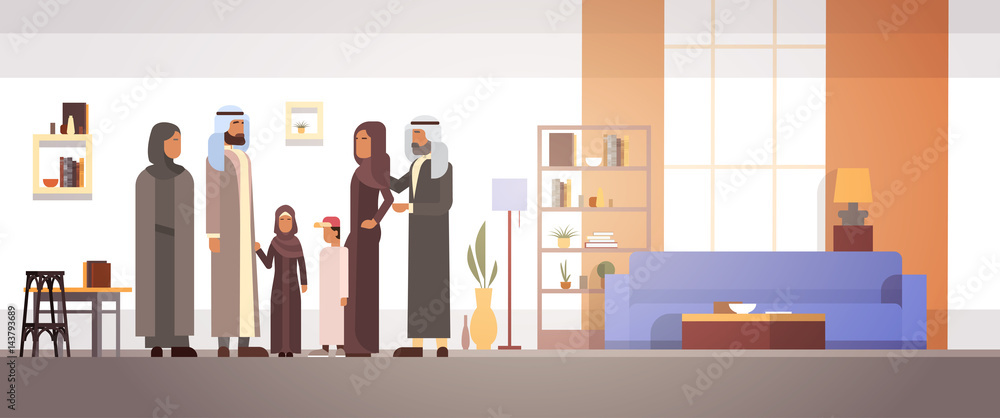 Arab Family Home, Arabic Parents With Children In Modern Apartment Flat Vector Illustration