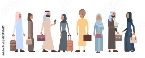 Muslim People Crowd Business Man and Woman Traditional Clothes Arabic Characters Flat Vector Illustration