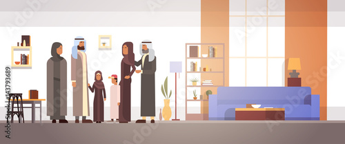 Arab Family Home, Arabic Parents With Children In Modern Apartment Flat Vector Illustration