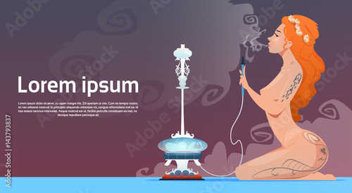 Attractive Girl Smoking Hookah Pipe Flat Vector Illustration