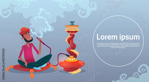 Arab Man Smoking Hookah Pipe Sitting On Floor Flat Vector Illustration