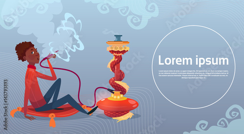 Arab Man Smoking Hookah Pipe Sitting On Floor Flat Vector Illustration