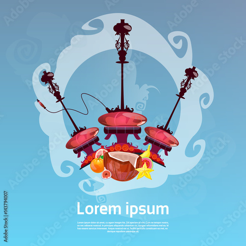 Hookah Set With Fruits Arabian Smoking Pipe Flat Vector Illustration