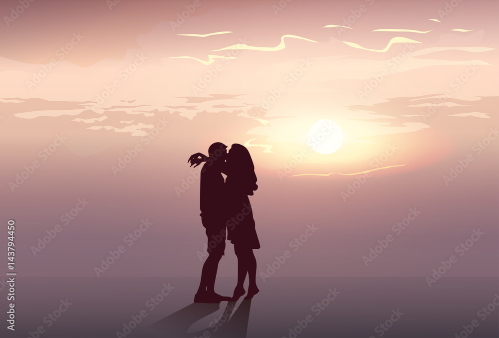 Silhouette Romantic Couple Embrace At Sunset Lovers Man And Woman Kiss Flat Vector Illustration
