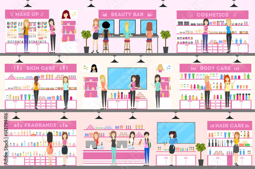 Cosmetics interior set. Store with beauty products.