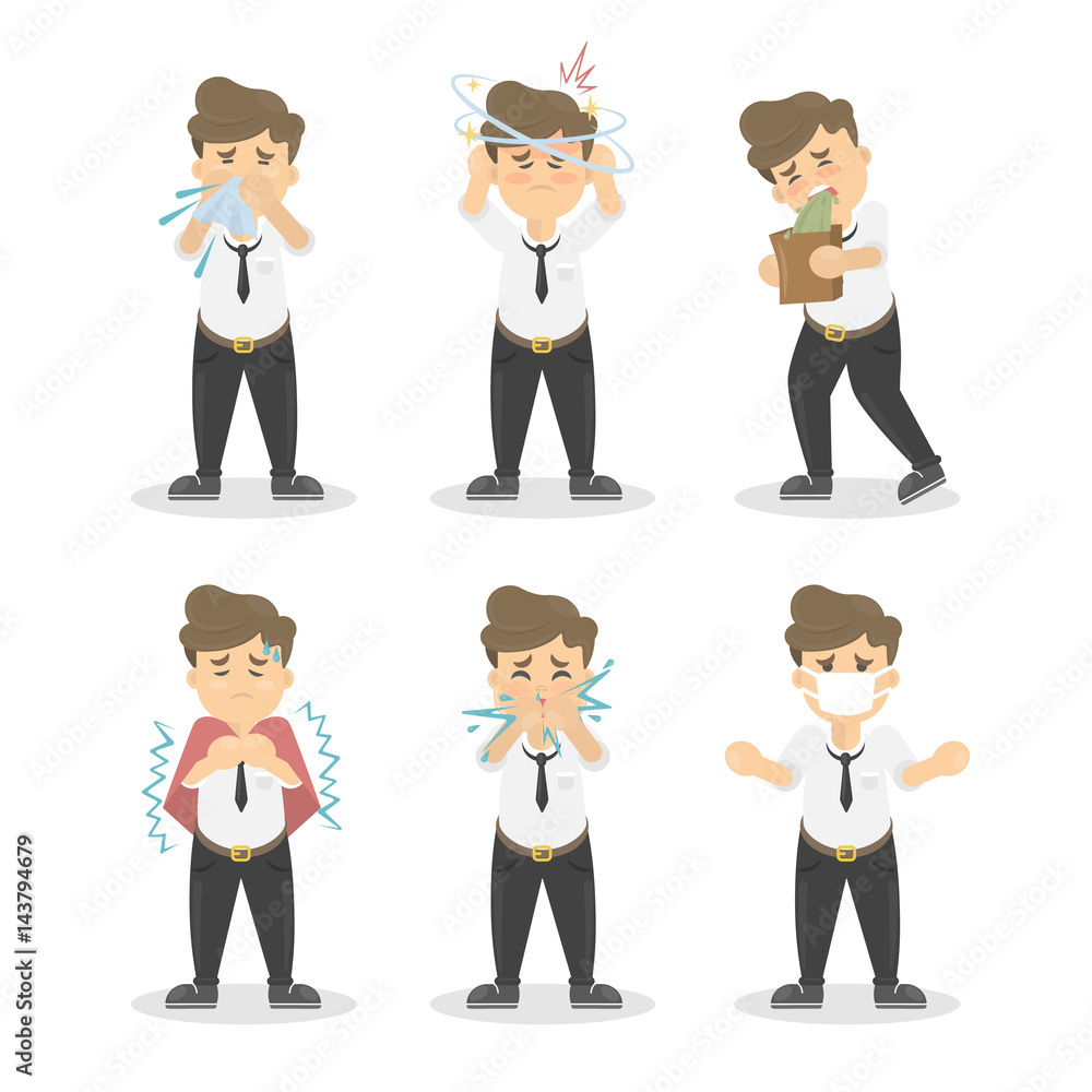 Fototapeta premium Man with symptoms set on white background. Cold, vomiting, headache and more.