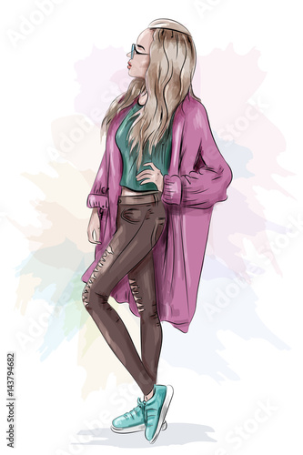 Stylish beautiful girl in casual clothes: jeans, crop top and sneakers. Sketch. Vector illustration.