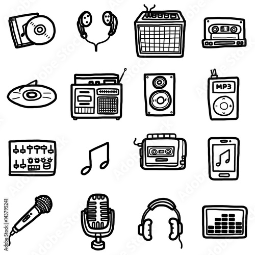 equipment about music, icons set / cartoon vector and illustration, hand drawn style, black and white, isolated on white background.