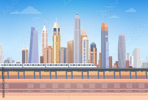Subway Over City Skyscraper View Cityscape Background Skyline with Copy Space Vector Illustration