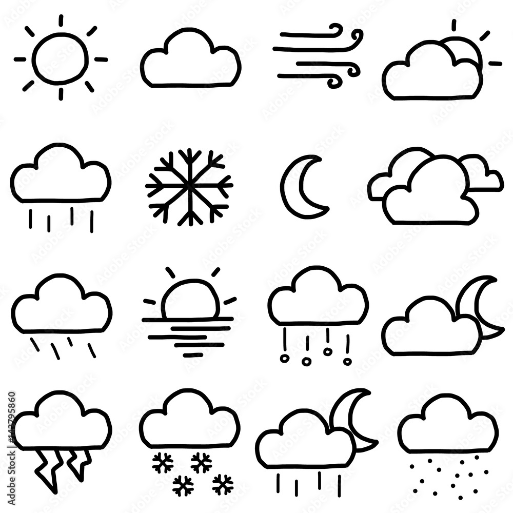 weather symbols, icons set / cartoon vector and illustration, hand drawn style, black and white, isolated on white background. weather symbols, icons set / cartoon vector and illustration, hand drawn style, black and white, isolated on white background.