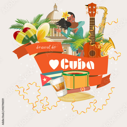 Cuba attraction and sights - travel postcard concept. Vector illustration with traditional Cuban architecture, colourful buildings, car, guitar, cigars, cocktail, flag. Design elements for poster.