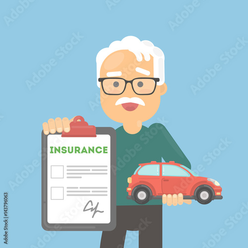 Man shows car insurance. Happy senior holds car and document.