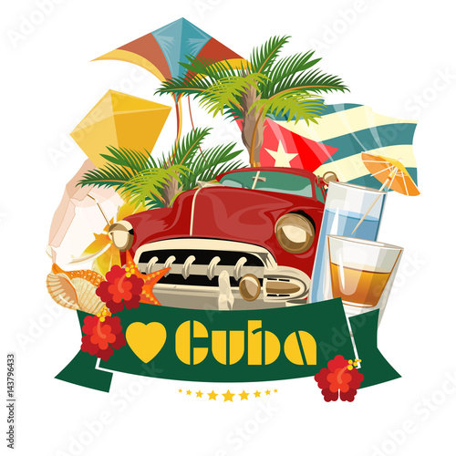Cuba attraction and sights - travel postcard concept. Vector illustration with traditional Cuban architecture, colourful buildings, car, guitar, cigars, cocktail, flag. Design elements for poster.