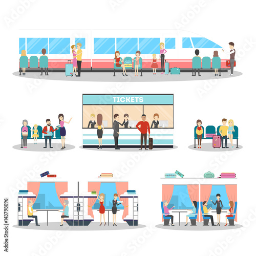 Railway station interior set. Buying tickets, waiting room and traveling on train. Isolated illustrations on white background.