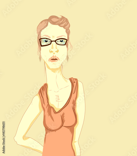 Standing young blonde woman in glasses, dress with belts and earrings