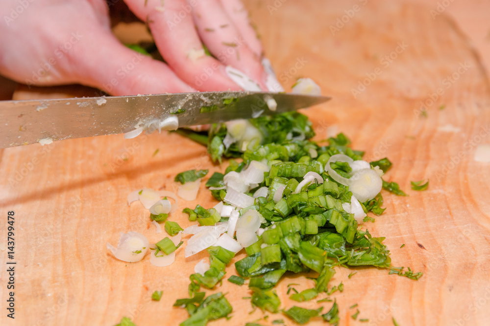 The girl cuts onions on a wooden board The girl cuts onions on a wooden board