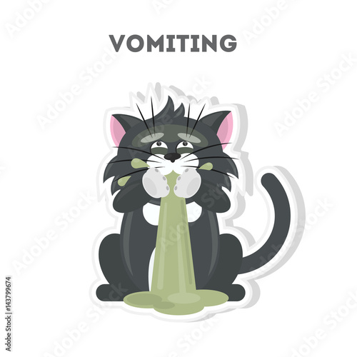 Isolated vomiting cat. Cute funny character on white background.