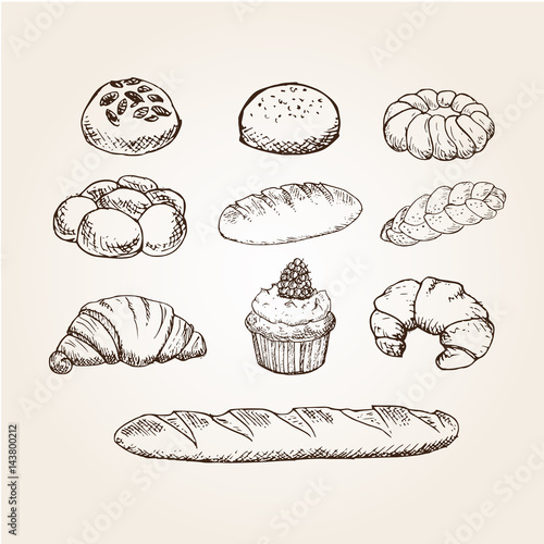 Hand drawn bakery breads, cupcake and croissants