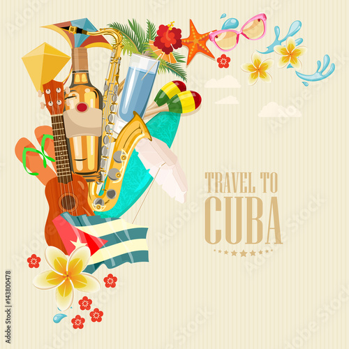 Cuba attraction and sights - travel postcard concept. Vector illustration with traditional Cuban architecture, colourful buildings, car, guitar, cigars, cocktail, flag. Design elements for poster. photo