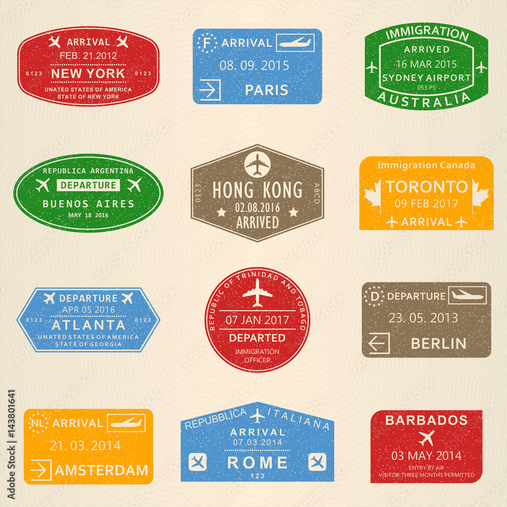 Visa stamp set. Passport travel stamps with New York, Amsterdam, Toronto,  Sydney, Paris, Berlin, Hong Kong and Rome airports. Vector illustration.  Stock Vector | Adobe Stock