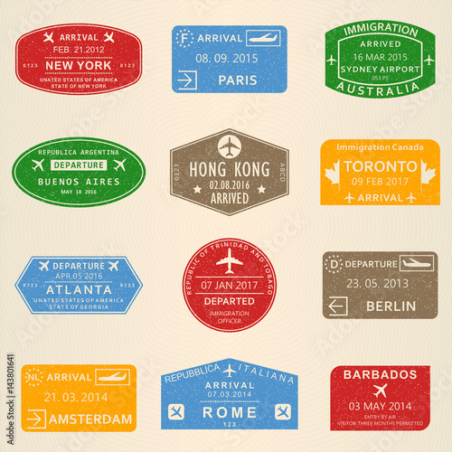 Visa stamp set. Passport travel stamps with New York, Amsterdam, Toronto, Sydney, Paris, Berlin, Hong Kong and Rome airports. Vector illustration.