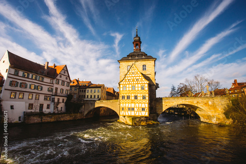 Scenic summer view of the Old Town architecture with City Hall building in Bamberg, Germany