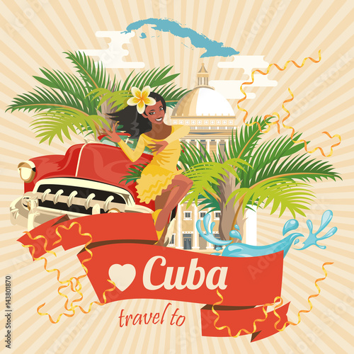 Cuba attraction and sights - travel postcard concept. Vector illustration with traditional Cuban architecture, colourful buildings, car, guitar, cigars, cocktail, flag. Design elements for poster.