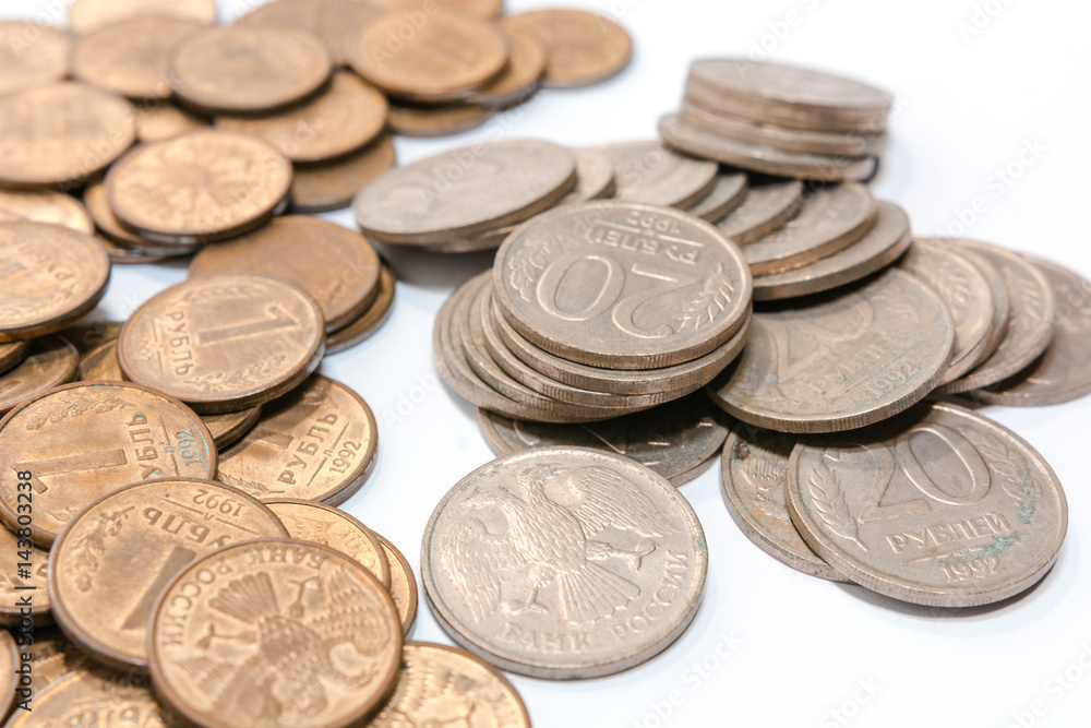 Russian ancient coins. Coins of the USSR. Coins on a white background. Russian ancient coins. Coins of the USSR. Coins on a white background.
