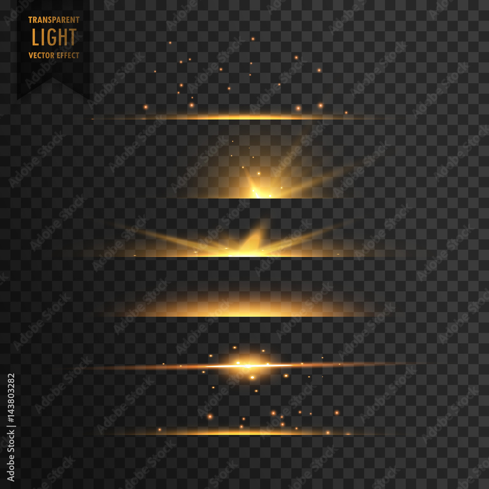 set of golden stars transparent light effect background
