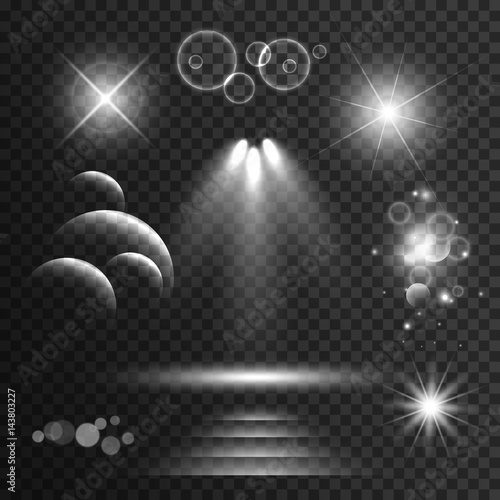 set of transparent light effects and sparkles with lens flares background
