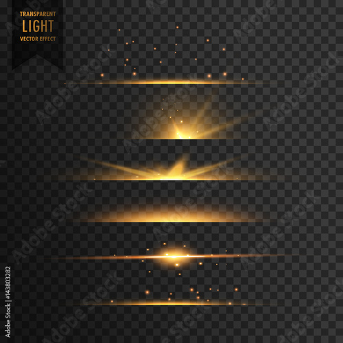 set of golden stars transparent light effect background