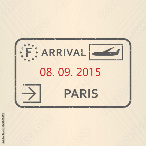 Paris passport stamp. Travel by plane visa or immigration stamp. Vector illustration.