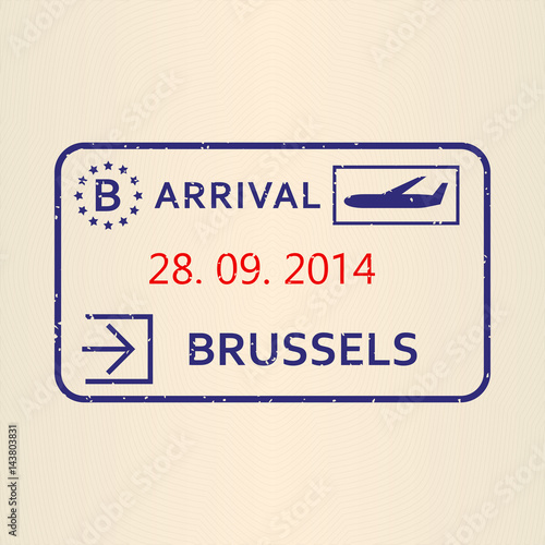 Brussels passport stamp. Travel by plane visa or immigration stamp. Vector illustration.
