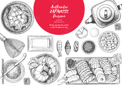 Japanese food menu restaurant. Asian food poster. Vector illustration top view.
