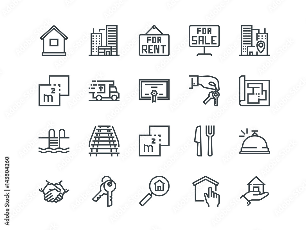 Real Estate. Set of outline vector icons. Includes such as Property, Keys, Blueprint and other. Editable Stroke. 48x48 Pixel Perfect. Real Estate. Set of outline vector icons. Includes such as Property, Keys, Blueprint and other. Editable Stroke. 48x48 Pixel Perfect.