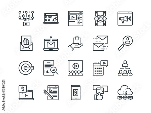 Digital Marketing. Set of outline vector icons. Includes such as Viral video, E-commerce, Analytics and other. Editable Stroke. 48x48 Pixel Perfect.