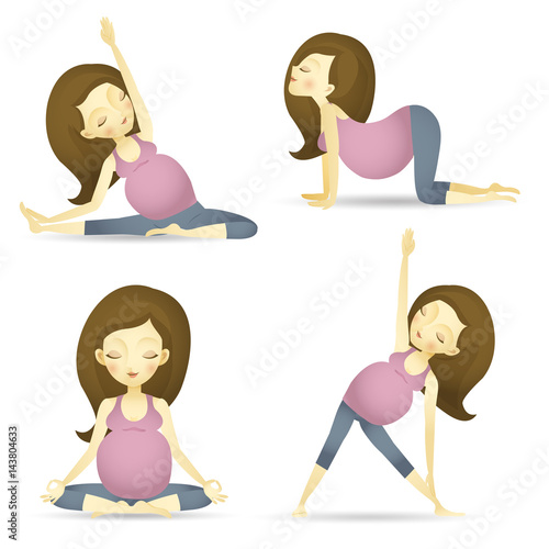 Vector illustration of 4 poses pregnant yoga cat triangle lotus