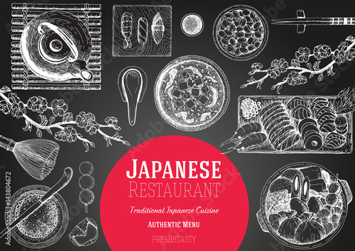 Japan food menu restaurant. Asian food poster. Vector illustration top view.